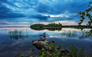Rock formation lake sunset cloudy - free summer wallpaper