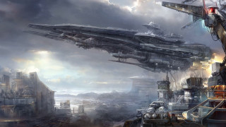 Futuristic city ship sky buildings - christopher moeller free wallpaper for desktop