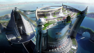 Futuristic city bridge water background - a futuristic city free wallpaper