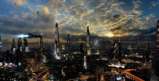 Futuristic city night birds flying - free sci-fi wallpaper