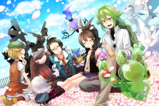 Anime girls flower bed sky - a sky background behind them free wallpaper