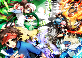 Anime characters checkered background green - mosaic free wallpaper