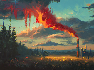 Factory red smokestack chimneys trees - dystopian art free wallpaper