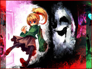 Girl green dress creepy face - a black mask free wallpaper