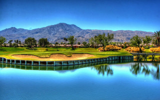 Golf course lake mountains bridge - art green free wallpaper