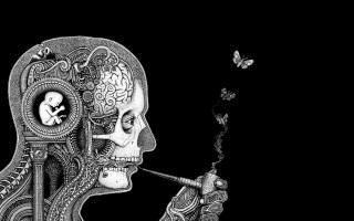 Skeleton smoking cigarette butterfly black - surrealist free wallpaper