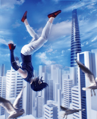 Woman flying birds buildings sky - cyberpunk art free wallpaper for mobile