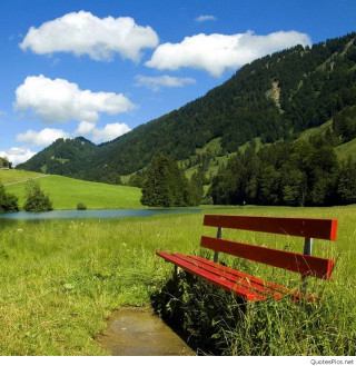 Red bench grass lake mountains - free summer wallpaper for tablet