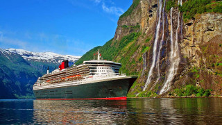 Cruise ship waterfall mountains man - beautiful free wallpaper