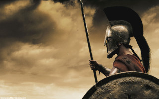 Man helmet armor spear shield - a cloudy sky behind free wallpaper