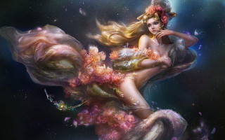 Floating flowers woman aurora moon - floating free wallpaper