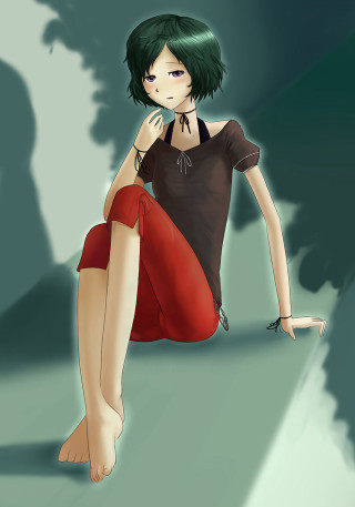 Woman green hair sitting black - red pants free wallpaper