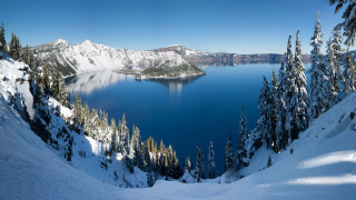 Lake snowy trees mountain blue - panoramic free wallpaper
