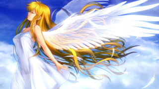 Woman blonde hair white wings - cloud behind her free wallpaper