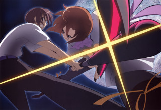 Anime characters swords sky yellow - a yellow light free wallpaper