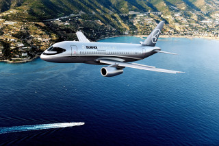Jetliner flying water mountain range - luxury free wallpaper