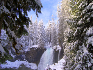 Waterfall snow trees blue sky - waterfall free wallpaper