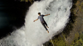 Man rope waterfall boat adventure - symmetric free wallpaper