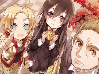 Anime characters coffee pointing together - three anime character free wallpaper