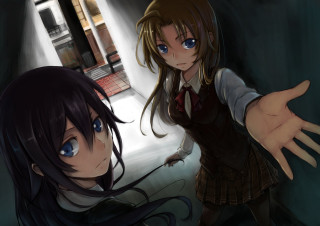 Anime girls hallway hands outside - a hallway free wallpaper