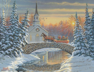 Church bridge carriage snow painting - carriage free wallpaper