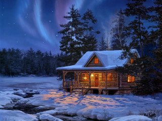 Cabin woods stream aurora lights 2 - a cabin free wallpaper
