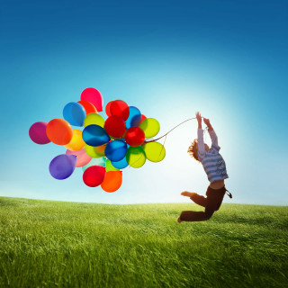 Person jumping balloons blue sky 4 - bernd fasching free wallpaper for tablet