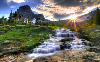 Waterfall mountain sunbeam green landscape - arthur quartley free wallpaper