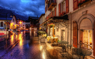 Rainy street tables chairs clock - rainy free wallpaper