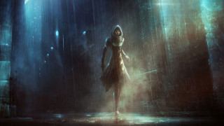 Woman raincoat dark alleyway rain - a lantern free wallpaper for desktop