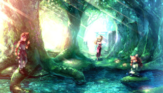 Forest river waterfall fishing girls - global free wallpaper