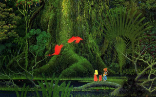 Couple forest red umbrellas waterfall - final fantasy free wallpaper for desktop