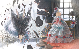 Woman dress feathers cat window - a cat in the background free wallpaper