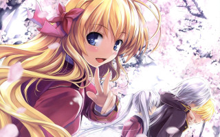 Blonde girls anime cherryblossoms school - another girl free wallpaper