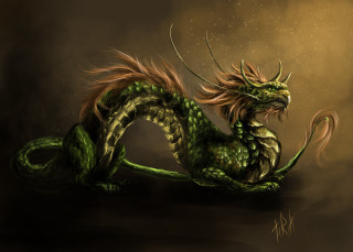 Green dragon sitting glowing night - a dark surface free wallpaper