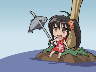 Cartoon girl sword rock dolphin - a cartoon girl holding free wallpaper