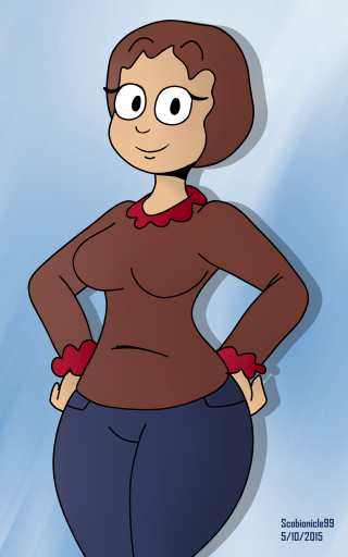 Cartoon woman brownshirt bluepants redbow - claire falkenstein free wallpaper for mobile