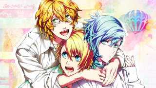 Anime characters hugging colorful background - three anime character free wallpaper