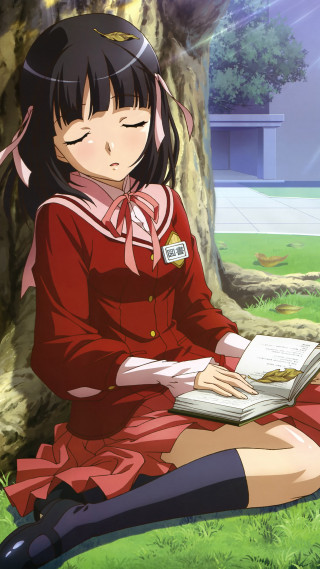 Girl sitting ground reading book - a tree in the background and a building in the background free wallpaper