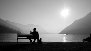 Person bench lake mountains sunshine - the distance free wallpaper