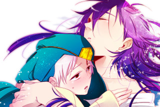 Anime characters hugging purple hair - a yellow bow free wallpaper for desktop