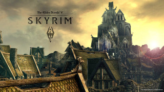 Skyrim logo cityscape gothic architecture - side and a sky background free wallpaper
