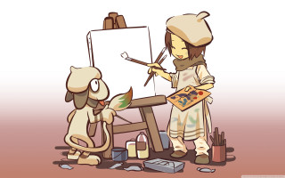 Woman painting dog easel cat - a fine art painting free wallpaper