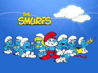 Smurfs lined up blue background - cliff childs free wallpaper