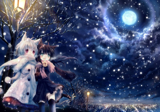 Snowy night anime characters hugging - an anime drawing free wallpaper