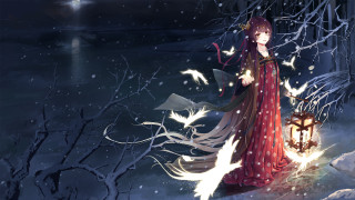 Woman red dress lantern snow - a red dress holding free wallpaper