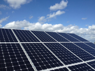 Solar panel clouds blue sky - solarpunk free wallpaper