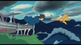 Cartoon man falling car ocean - ghibli free wallpaper for desktop