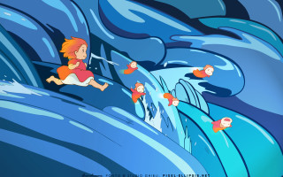 Boy surfing wave fish girl - fish free wallpaper for desktop
