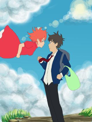 Man woman grass sky background - behind them free wallpaper for mobile